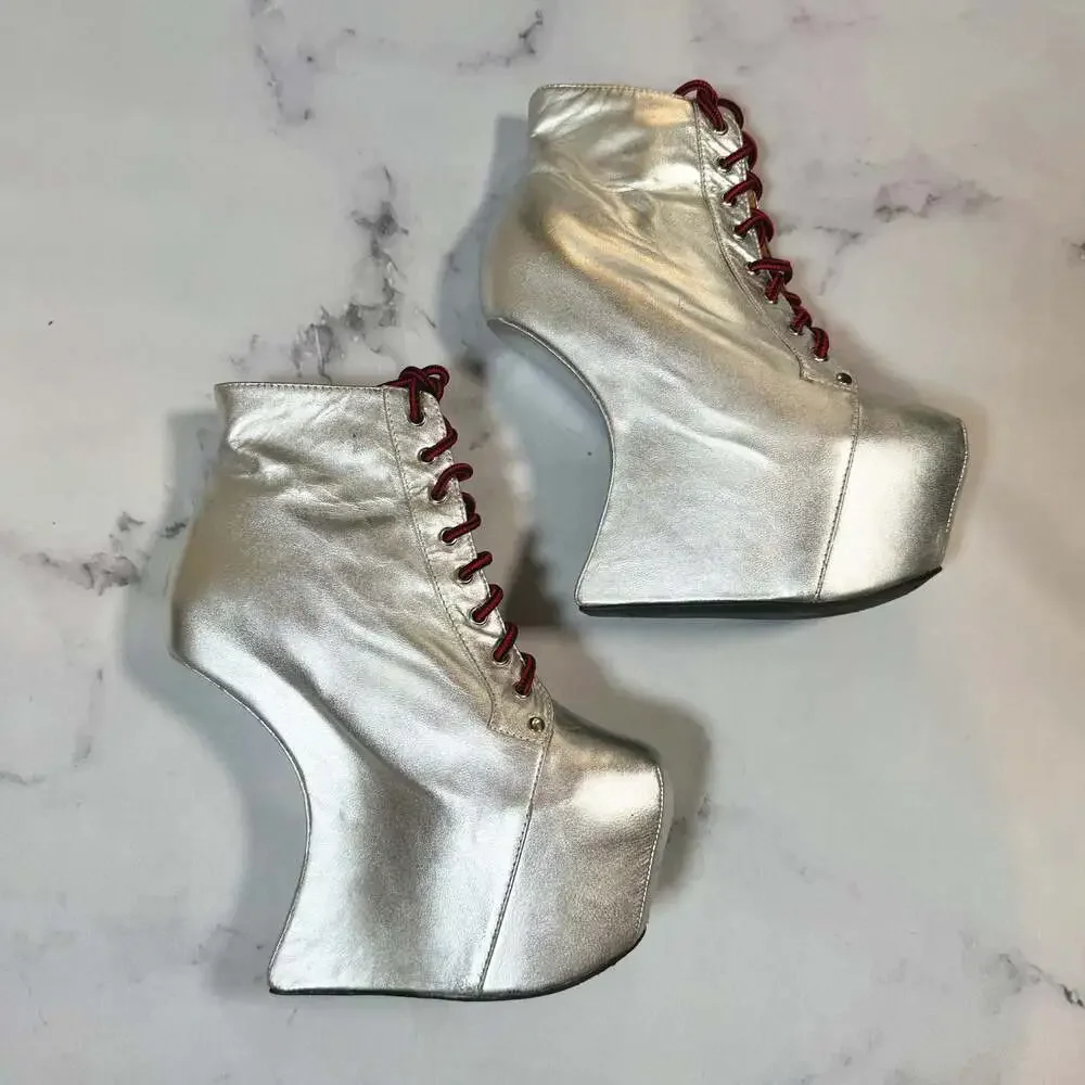 Jeffrey Campbell Nightlita Silver Metallic Heelless Platform Ankle Boots 8.5